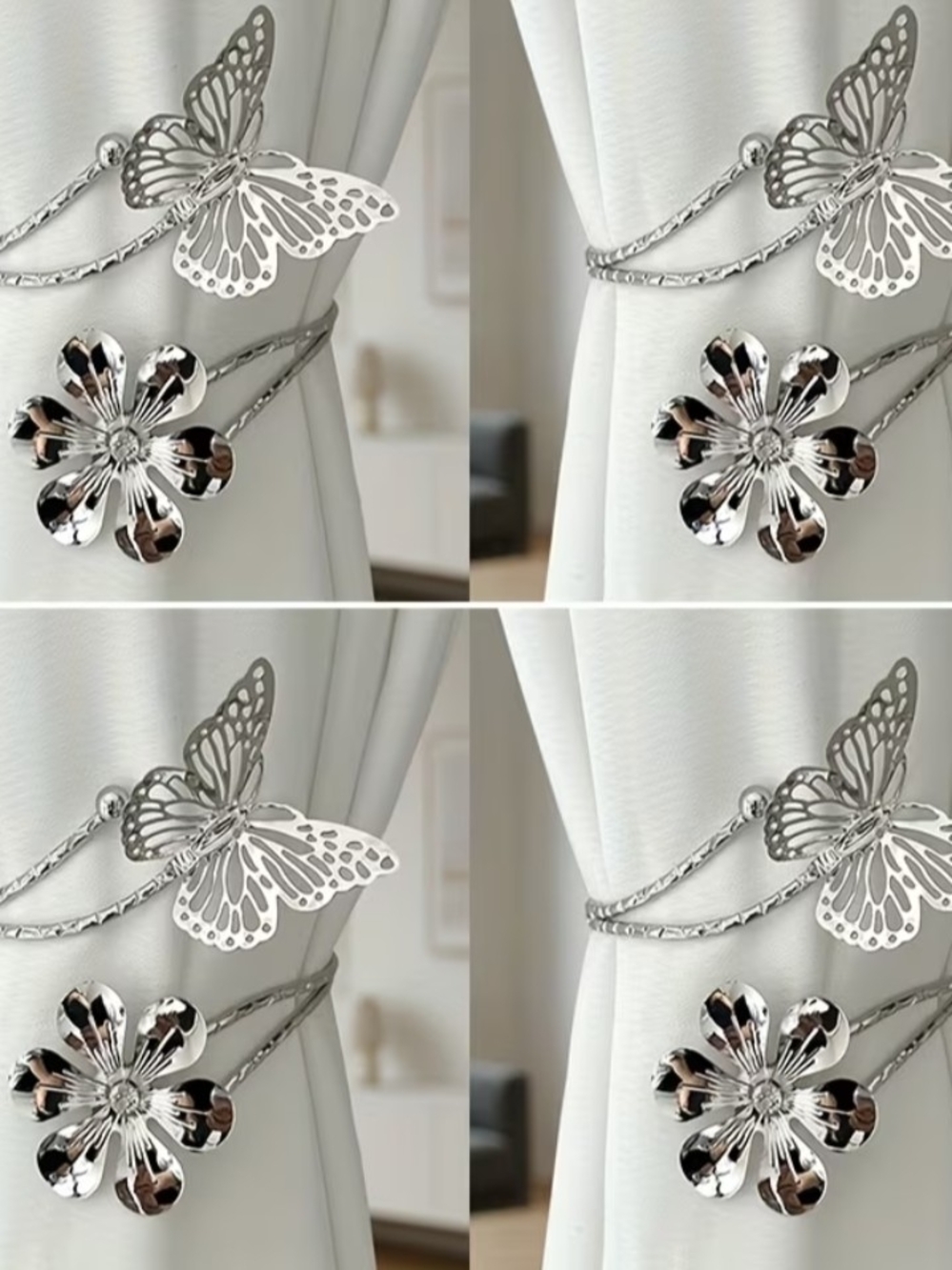 Silver Butterfly & Flower Magnetic Curtain Tiebacks - Elegant Silver Finish
